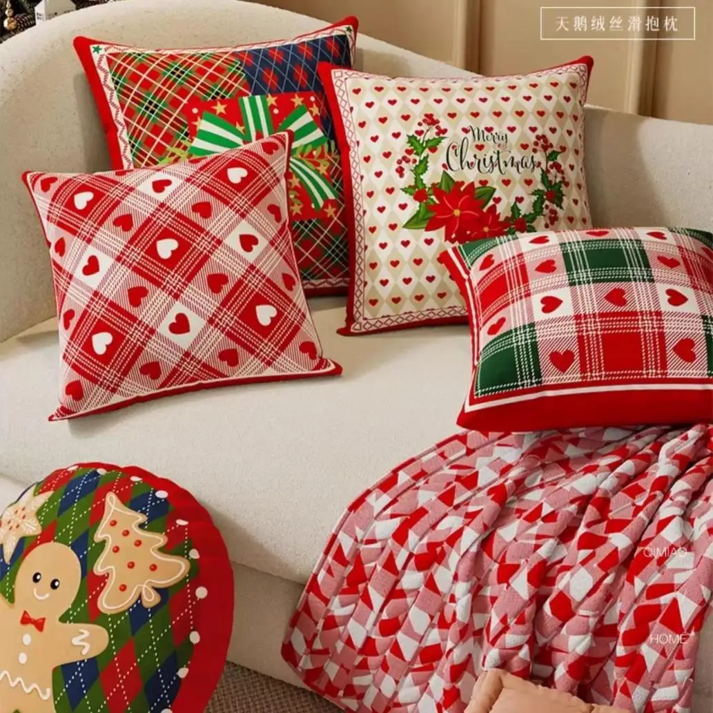 Christmas Throw Pillow Cover Red Plaid Heart Polka Dot Decorative Cushion Case Festive Holiday Sofa Pillowcase Home Decor