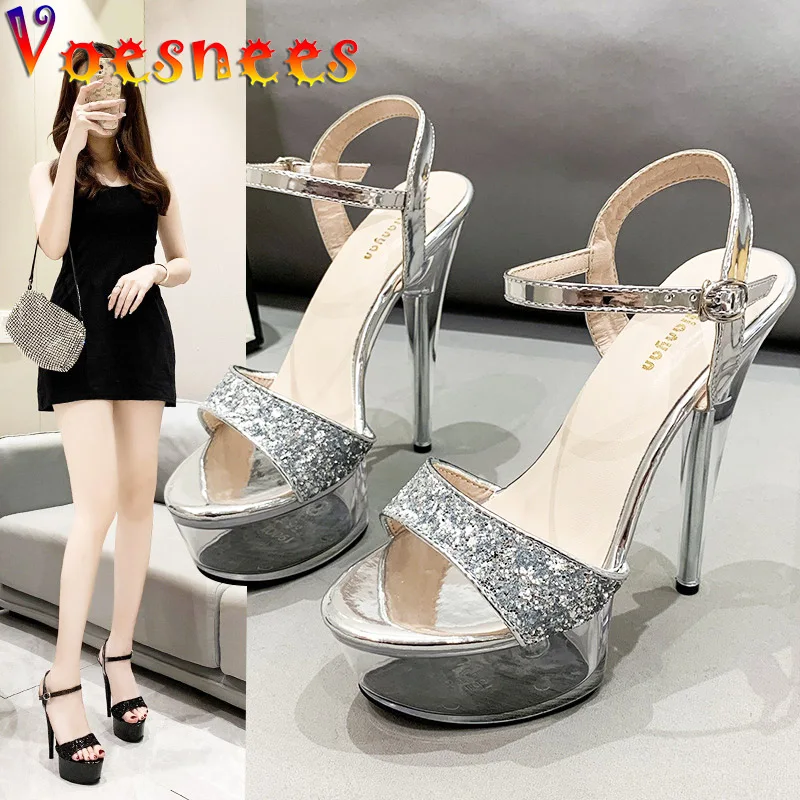 Black Platform Sandals Women\'s Party Dress Elegant High Heels Summer New Stiletto Shiny Sequins Wedding Shoes Zapatillas Mujer