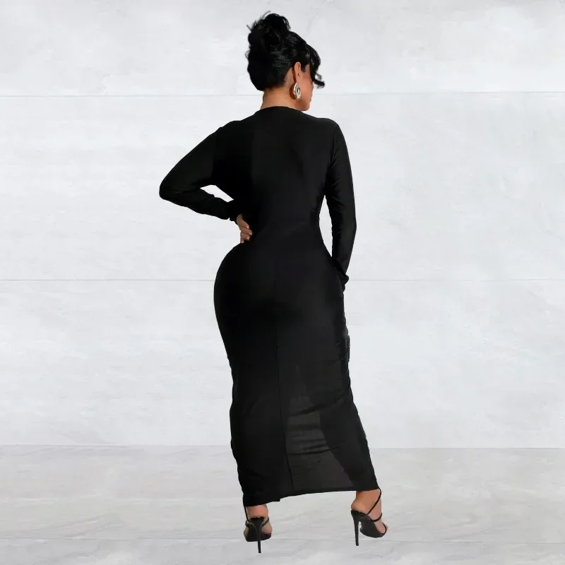 GUWU 가을 긴 소매 여성 드레스 섹시한 파티 스트리트 클럽 v 넥 맥시 드레스 하이 스플릿 셔링 이브닝 Bodycon Vestidos