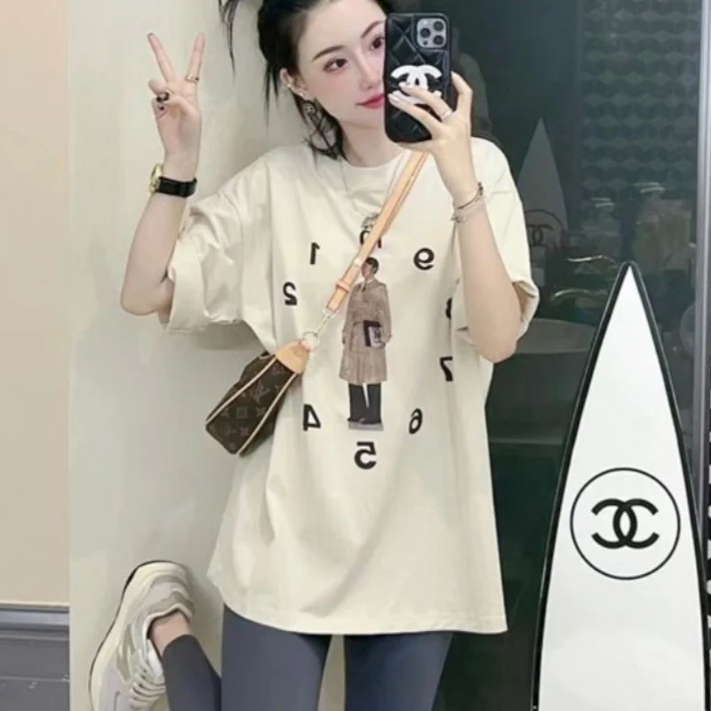 100% Pure Cotton Beige Europe Designer Streetwear T Shirts Temperament Clock Man Printing Y2K TOP Summer Loose Short Sleeve Tees