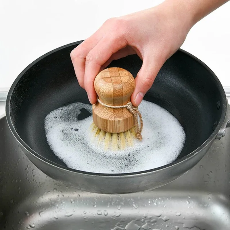 Kitchen Cleaning Brush Stove Sisal Thick Brown Short Handle Round Dish Dishwashing Bamboo and Wood Pot