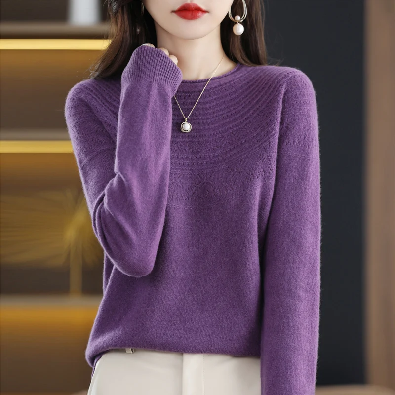 100% wool cashmere sweater women\'s sweater round neck hollow long sleeve pullover warm pullover in autumn and winter