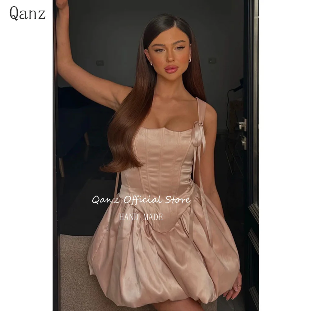 

Qanz Mini Pink Satin Prom Dresses Spaghetti Straps Short A Line Puffy Birthday Party Dress Women Homecoming Dress Customized