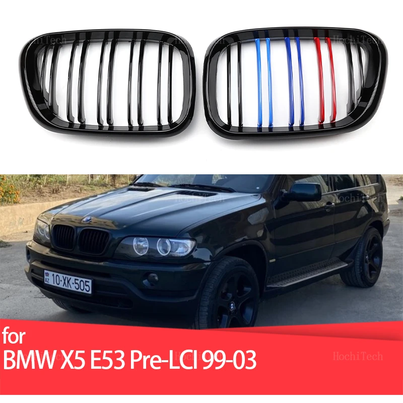 2Pcs Car Style Gloss Black Front Kidney Double Slat Grill Grille for BMW X5 E53 Pre-LCI 1999 2000 2001 2002 2003 Car Accessories