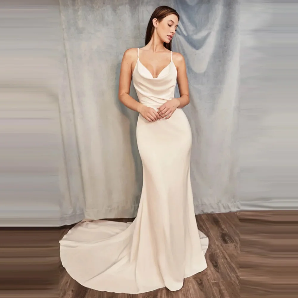 

Custom Made Simple Satin Mermaid Wedding Dress Cowl Neck Spaghetti Strap Sweep Train Elegant Bridal Gown for Wedding Reception