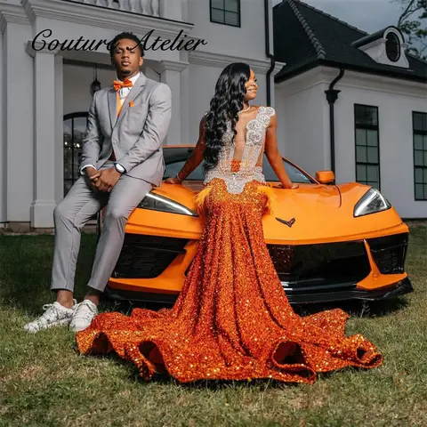 Förtrollande Orange Fjädrar Balklänningar 2025 Svarta Flickor Pärlströja Strass Paljetter Sjöjungfru Festklänningar Anpassade 10 best sales orange balklänningar - №9