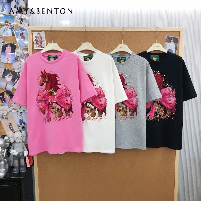 

Trendy Fashion Rhinestone Print Pure Cotton Short Sleeved T-shirt Kawaii Crew Neck Loose Top T-shirts Pullover For Men And Women