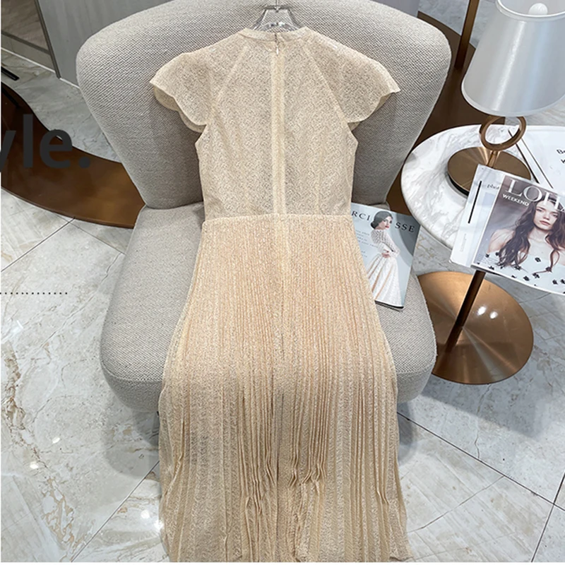 ZJYT Summer Hollow Out Embroidery Lace Dress Women 2024 Designer Short Sleeve Elegant Pleated Midi Party Dresses Female Vestidos