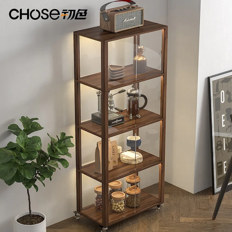 Original Solid Wood Storage Rack Dust-Proof Mobile Floor Stand with Doors Study Room Acrylic Multi-Tier Storage Rack