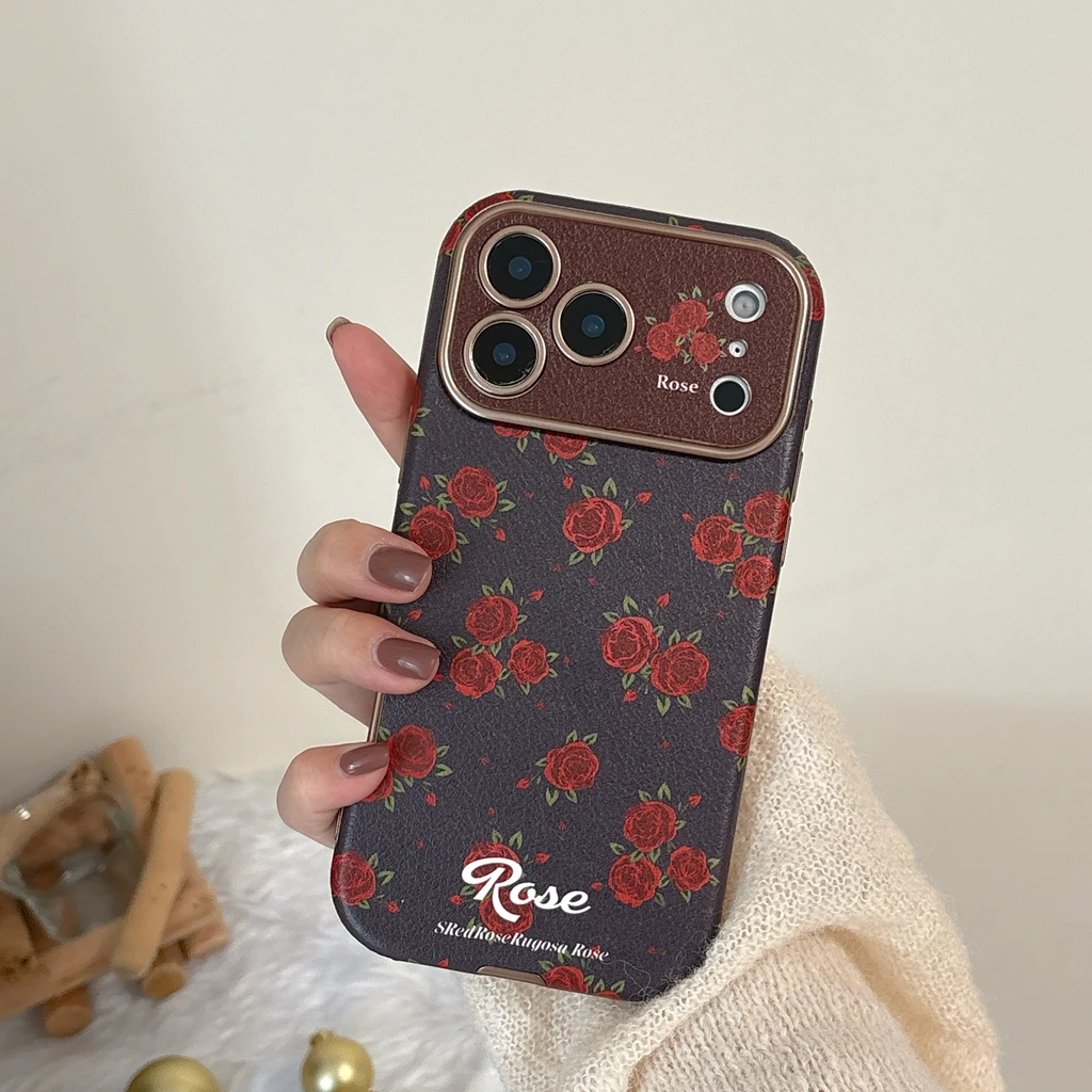 Retro Oil Painting Red Rose Artificial Leather With Lanyard Shock Proof Phone Cover Case for iPhone 17 16 15 14 Pro Max view 5
