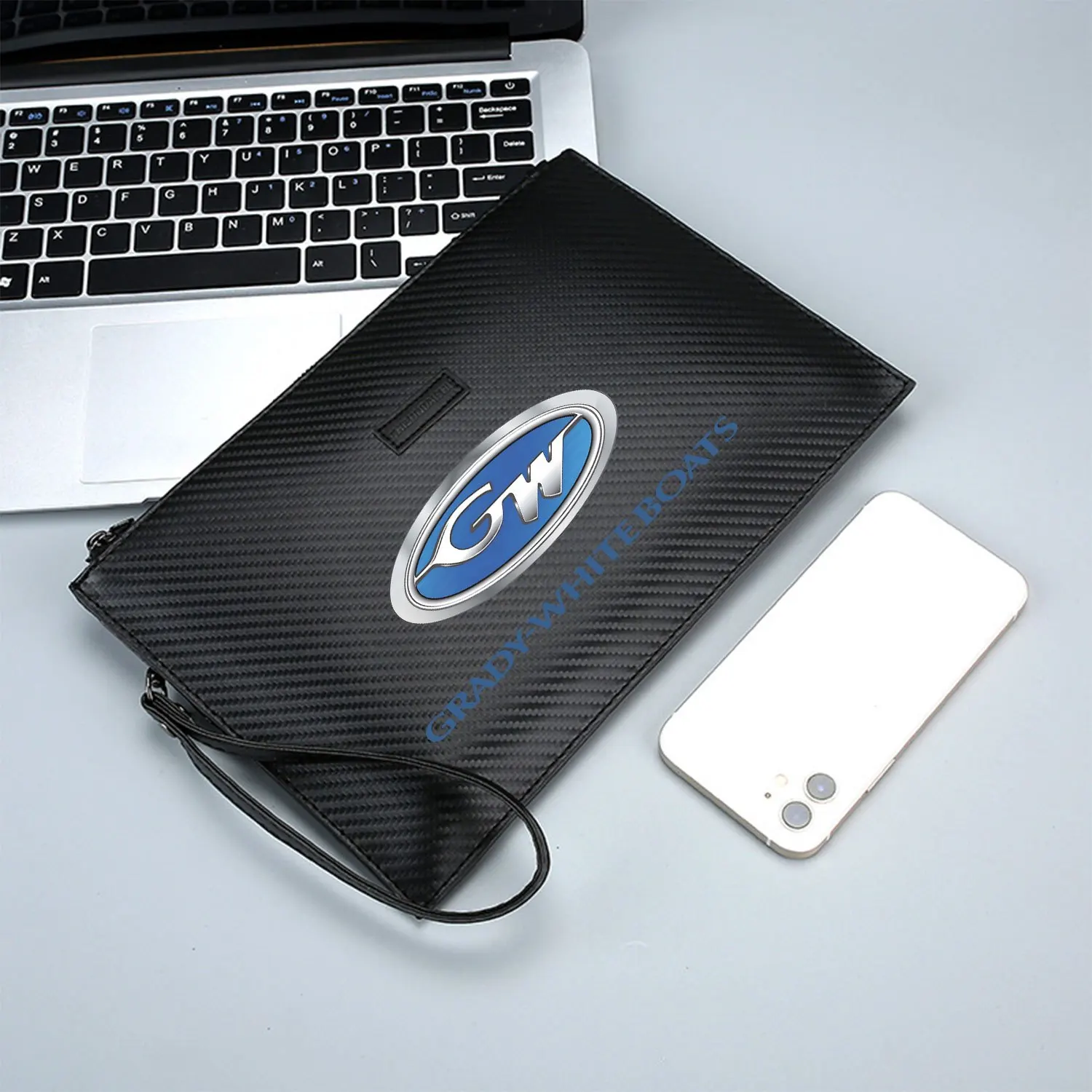 GW シルバー オーバル ブルー ロゴ エレガント プリント PU メンズ ハンドバッグ ファッショナブルで実用的、日常使いに最適