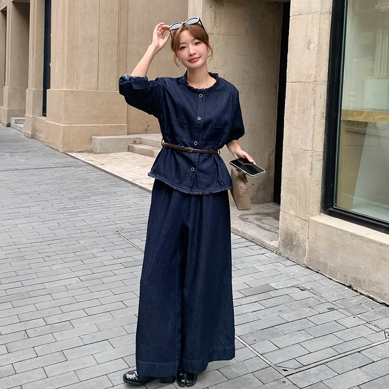 

SuperAen, осенний новый джинсовый повседневный топ в корейском стиле с круглым вырезом и длинными рукавами, свободные широкие брюки полной длины, модные комплекты из двух предметов