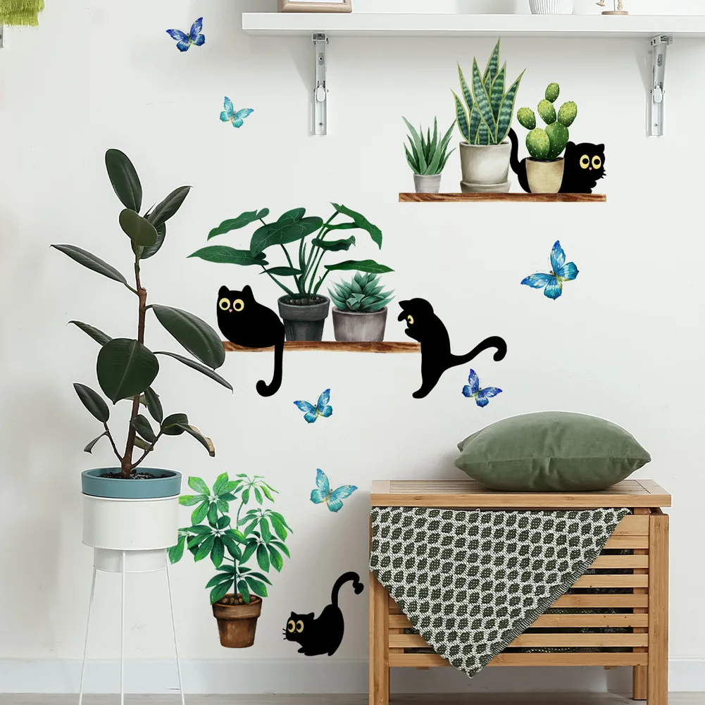 Green Plant Potted Black Cat Wall Sticker Living Room Background Decor Kitchen Home Decoration Wallpaper Self-adhesive Decals