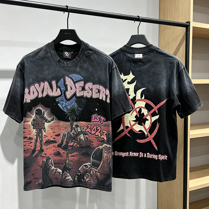 2026 New ROYAL DESERT Men Loose Short Sleeve T-Shirt, Vintage Washed Rhinestone Astronaut Mars Desert Graphic Tee