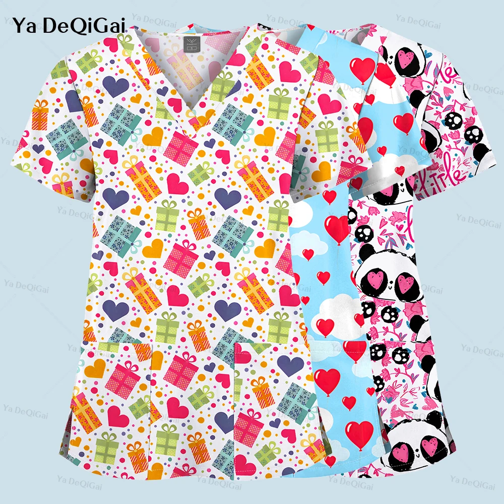 Uniformes quirúrgicos para vacaciones, camisetas de enfermera con diseño de bolsillo con estampado 3D, disfraz de Spa para mujer, uniforme médico de enfermera de manga corta con cuello en V