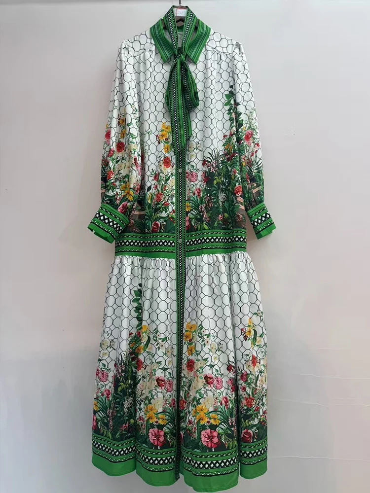 

Retro spring women's new geometric printing single-breasted long-sleeved loose dress fashion lace waist swing A-shaped dress