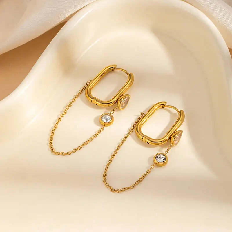 Geometric waterdrop zirconia chain tassel stainless steel stud earrings for women fashionable titanium steel earrings