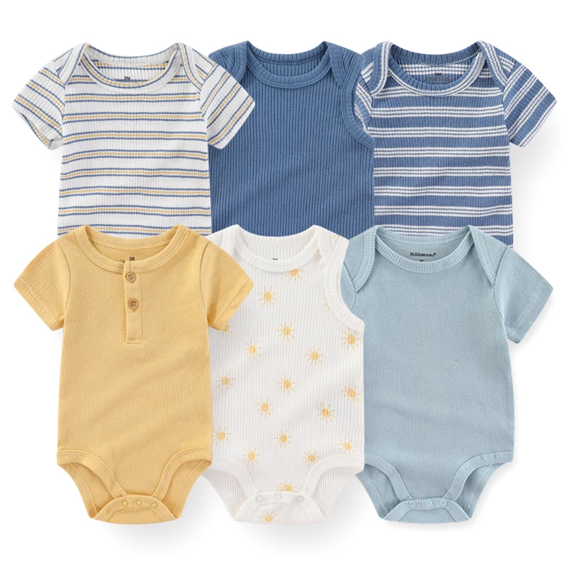 6Pieces Cotton Bodysuits Print New Born Baby Girl Clothes 0-12Months Summer Sleeveless Baby Boy Clothes Set Solid Color Bebes