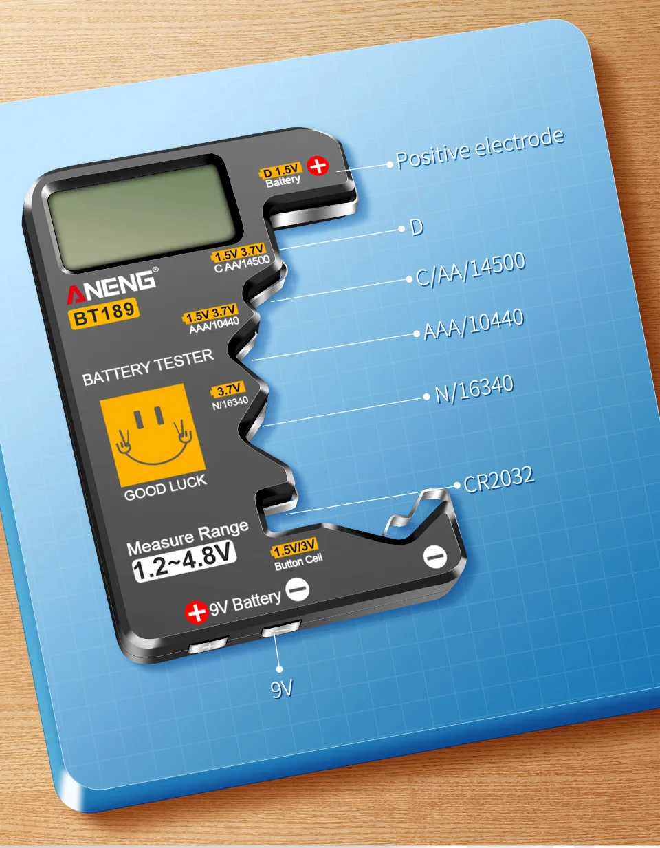 ANENG BT189 Batterietester kann AA/AAA/C/D/9V/Knopfbatterien messen, Haushalts-LCD-Display, hochpräziser Leistungstester. – Detail 3