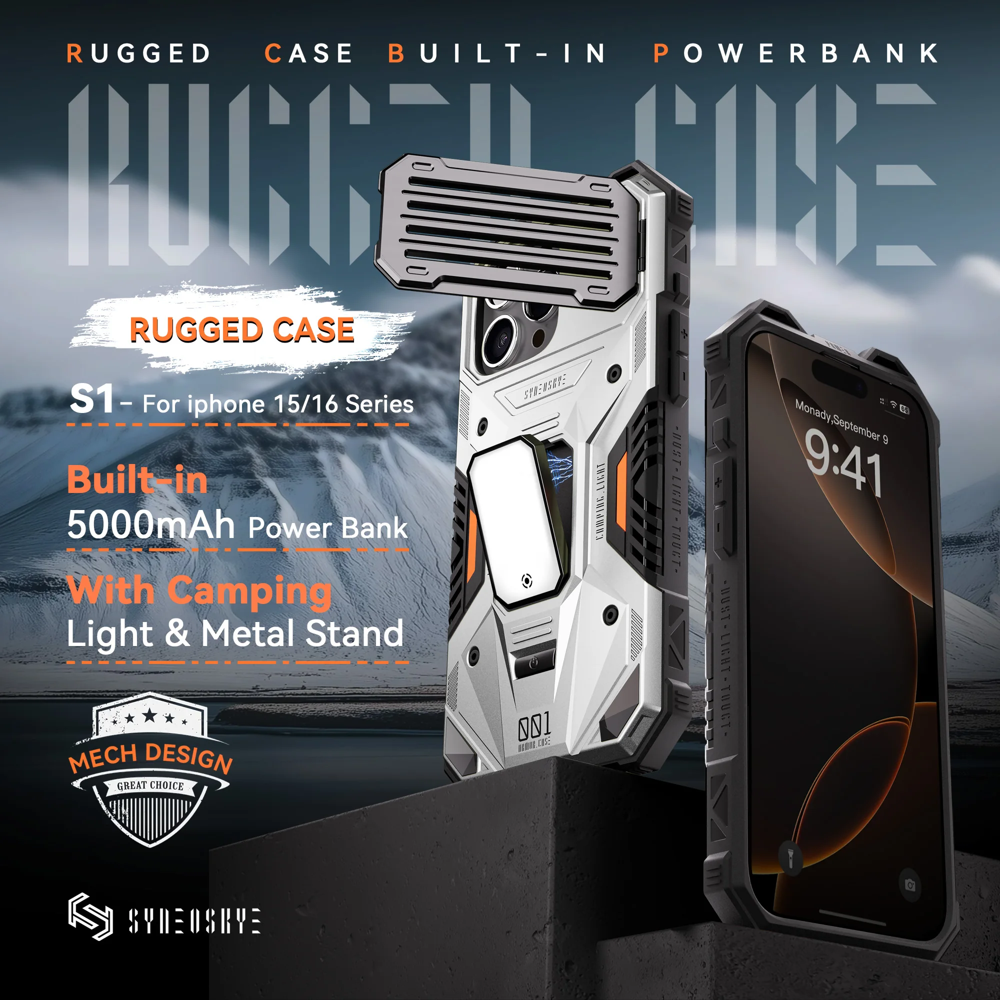 

SYNEOSKYE S1 Case For iPhone 16 Pro Max Power Case With 5000mAh Battery Back Cover Stand Phone Case With Magnetic Light
