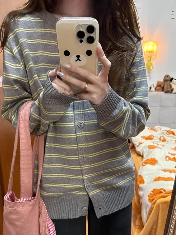 ストライプカラーブロデザインラウンドネロングスベニットオープンカーディガンレディースルーズセーターアウターウェア秋新作スレ