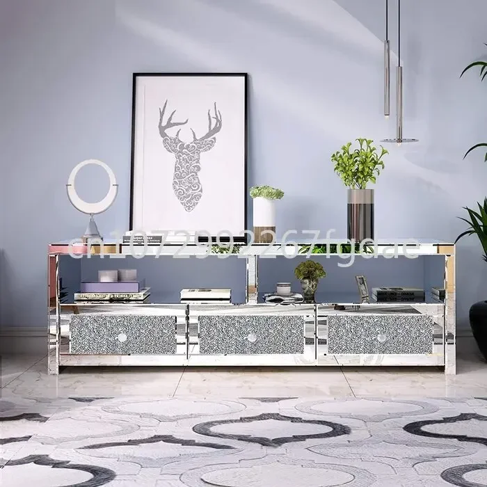 3 Drawer Mirror Crystal TV Station Silver TV Console Table Living Room TV Cabinet Hotel Furniture