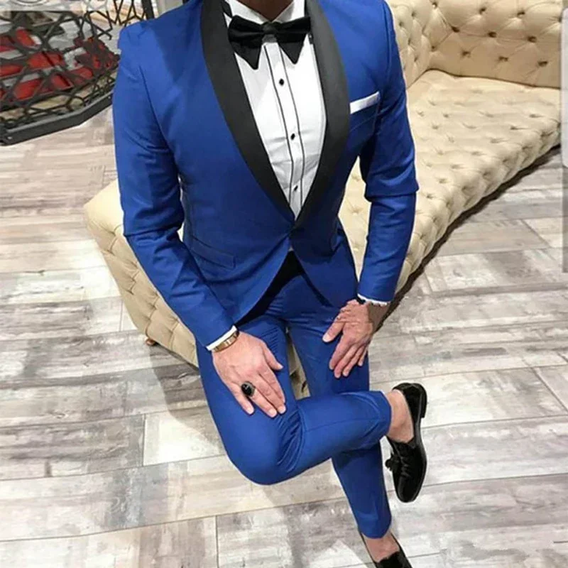 

Royal Blue Groom Tuxedos For Wedding Groomsmen Black Shawl Lapel Slim Fit Formal Business Men Suit Male Fashion Dinner Jacket