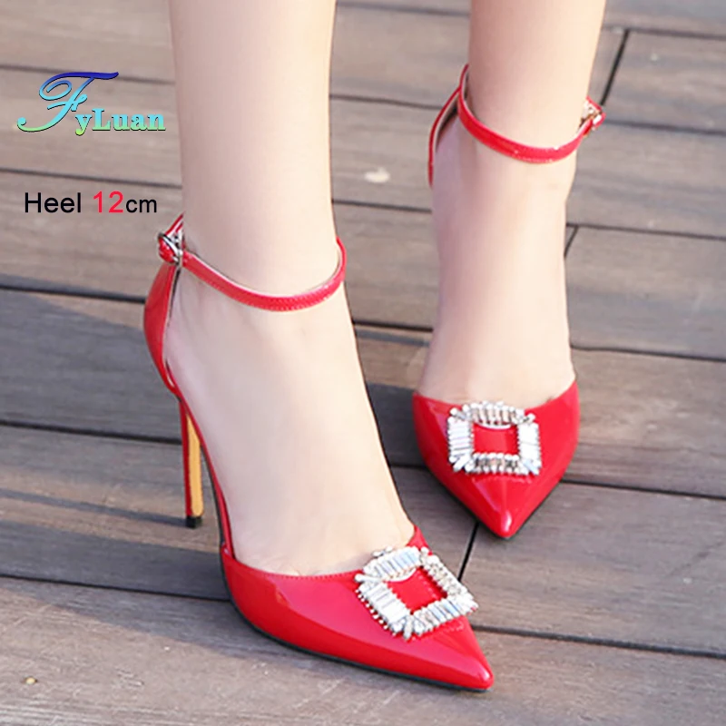 

12CM Red Sandals For Women Side Empty Summer Party Shoes Pointed toe Thin High Heel Ankle Strap Luxury Rhinestone Stiletto Pumps
