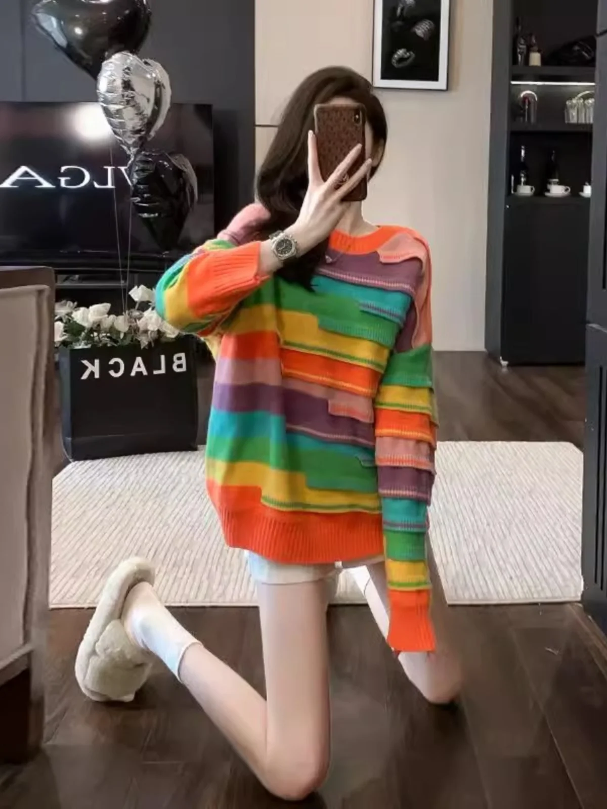 

Свободный вязаный свитер в полоску для женщин, с круглым вырезом, мягкий, удобный, в корейском стиле, осенне-зимний, модный, с цветовыми блоками