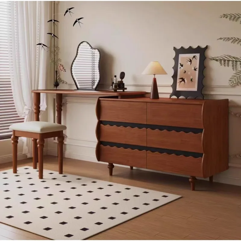 Vintage Solid Wood Extendable Dressing Table for Small Spaces French Retro Corner Desk with Storage Chest and Makeup Table