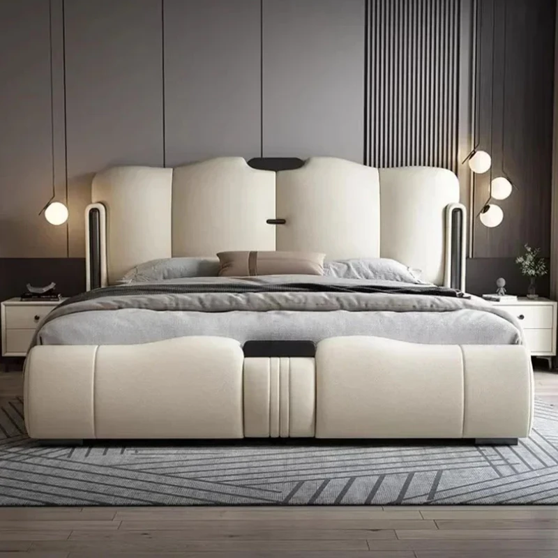 

Nordic Modern European Double Bed Waterproof Luxury Salon King Double Bed White Genuine Leather Cama Matrimonial Home Furniture