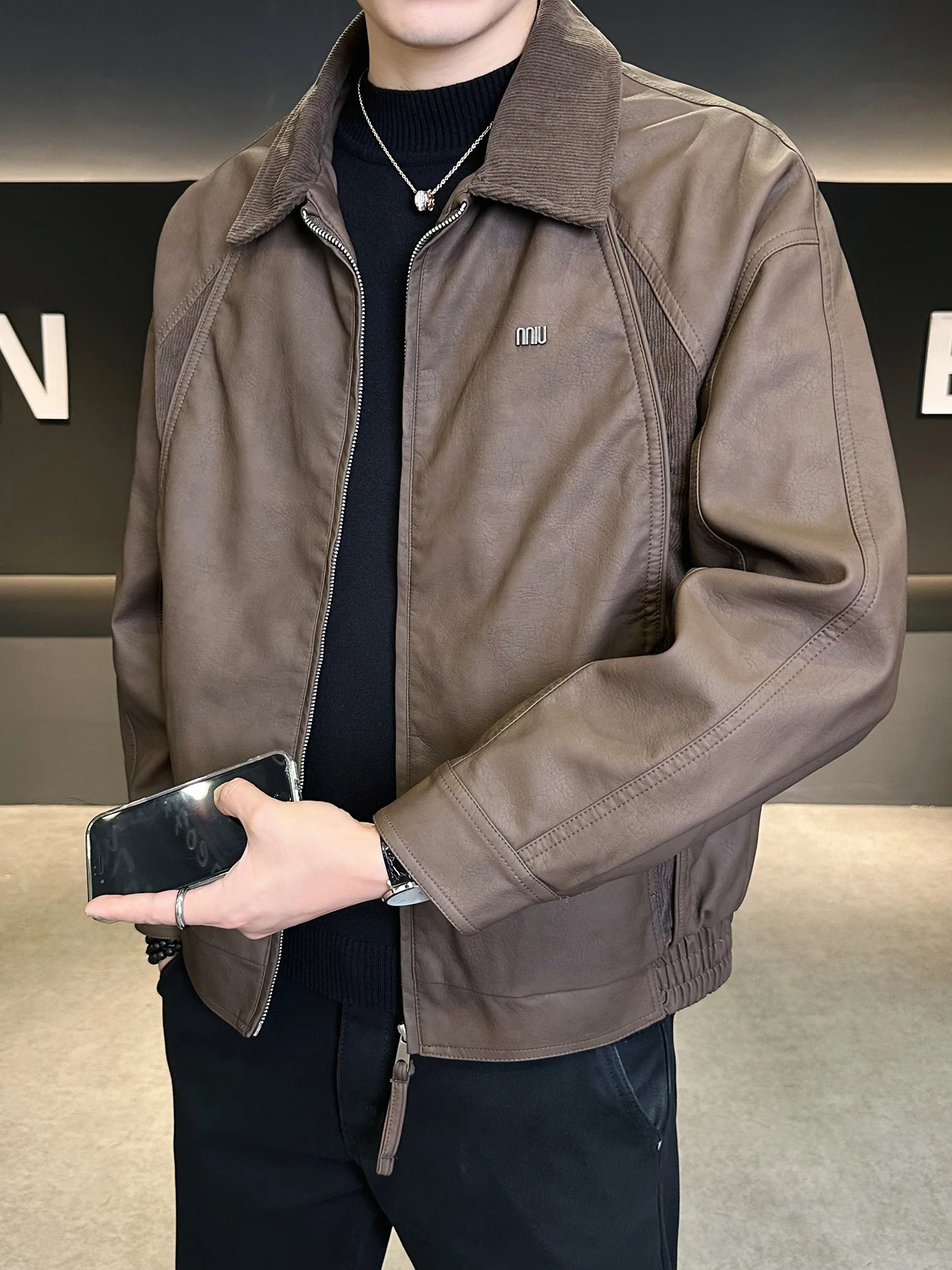 

Fall Men's Leather Jaet Casual Patchwork Velvet Core Turn-down Collar Haome Leisure Sle Zipper Closure Long Sve Coat