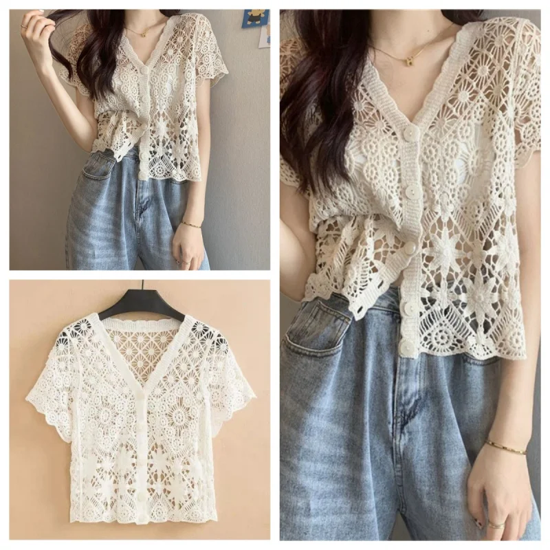 

Women's Boho Crochet Button Front Blouse - Sheer V-Neck Short Sleeve Open-Knit Top, Summer Embroidery Vacation Outfit
