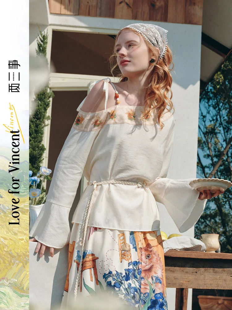 

Gentle Print Shoulder Bared Single Side Women's Shirt Summer New Style Soft Style Long Sleeve Loose Fit Fashion for Travel