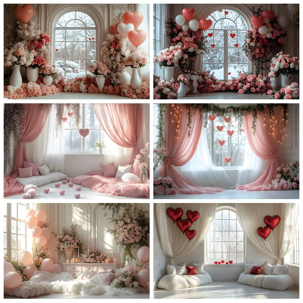 

Valentine's Day Backdrop Rose Flowers Window Curtain Love Heart Balloon Baby Birthday Wedding Party Photography Background Decor