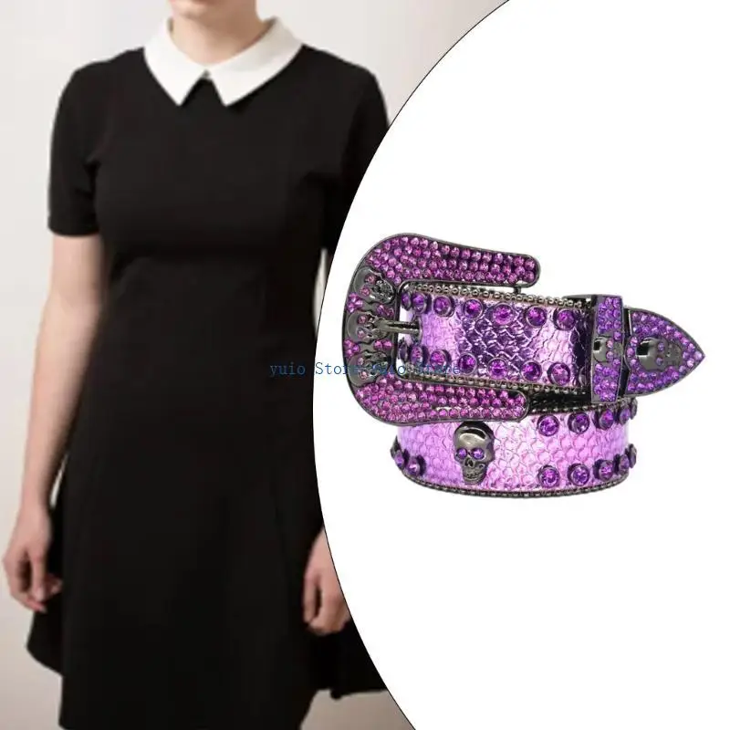X7XB Skull Waist Belt Body Chain Shining Rhinestones Studded for Women and Men