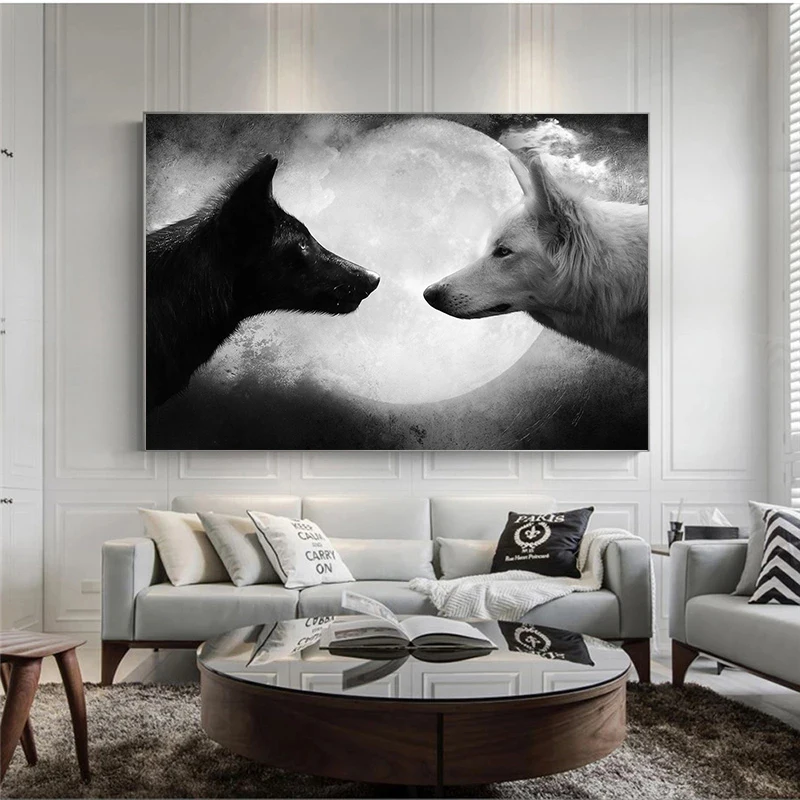 Animals Black Wolf Vs White Wolf Poster Art Canvas Paintings and Print Wall Art Picture for Living Room Home Decoration Cuadros