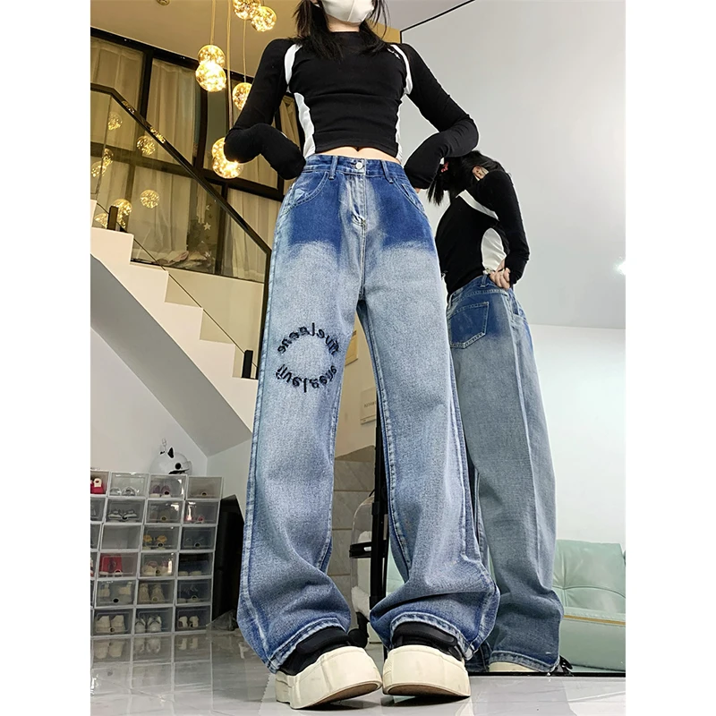 

Fashion Niche Gradient Jeans Women Vintage Letter High Waist Loose Straight Wide Leg Denim Pants Female Casual Versatile Trouser