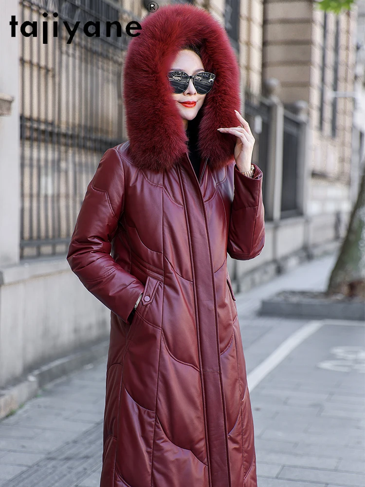 TAJIYANE 100 % Schaffell-Gänsedaunenmantel für Damen, Fuchspelzkragen, Mäntel mit Kapuze, rote echte Lederjacke, Winter-Frau-Kleidung, 2025 α Turismo