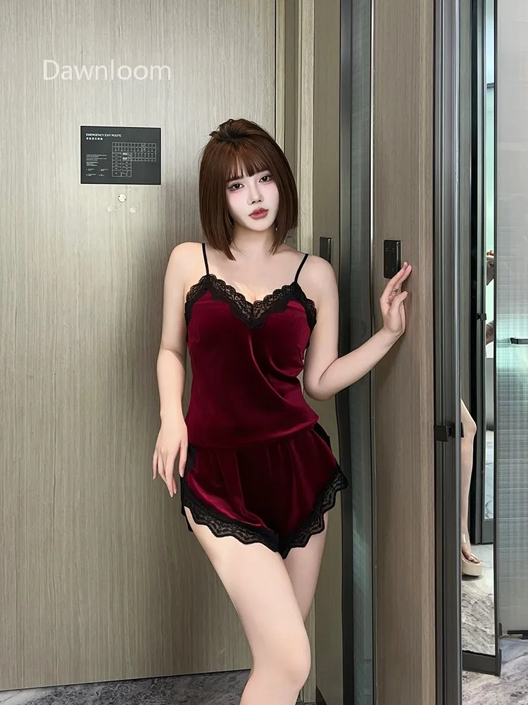 

Dawnloom Burgundy Velvet Black Lace Camisole & Shorts Pajama Two-Piece Set for Women Luxury Sexy Home Loungewear