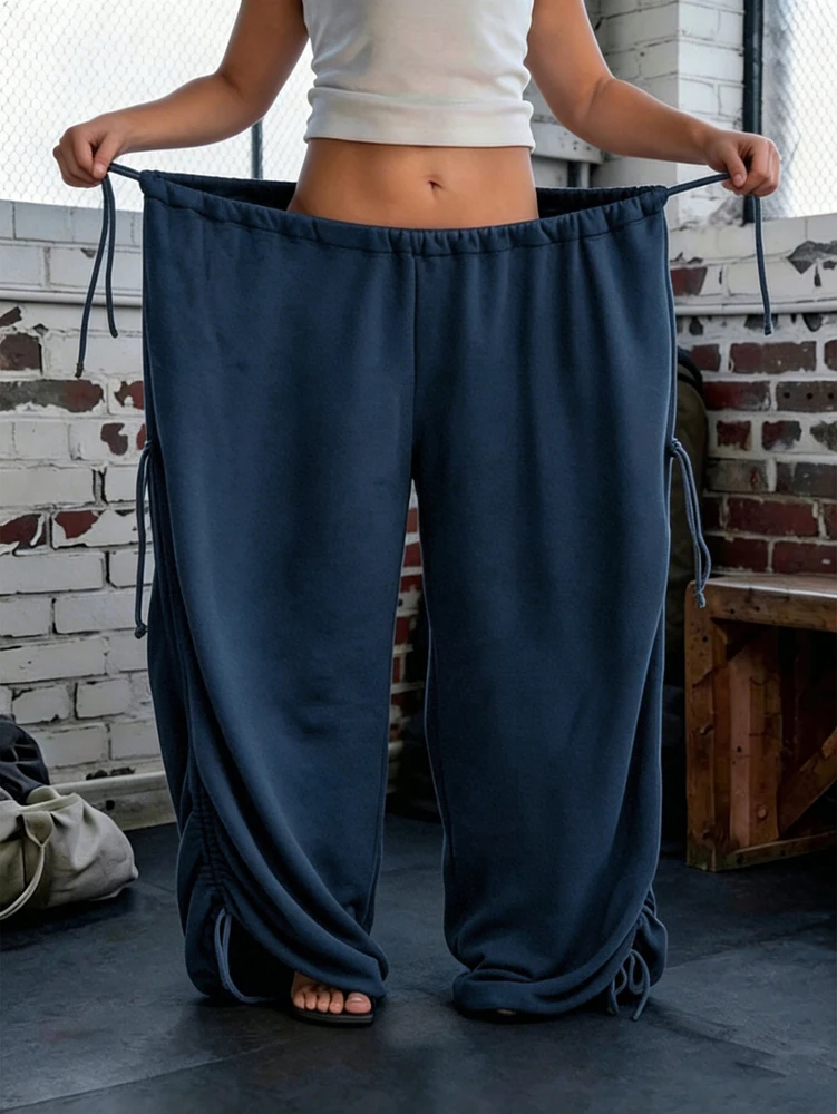 Damen Y2K Baggy Weite Hose mit Elastischem Bund und Verstellbarem Kordelzug, Lässige Lose Bodenlange Hose, Streetwear, Übergröße – Detail 10