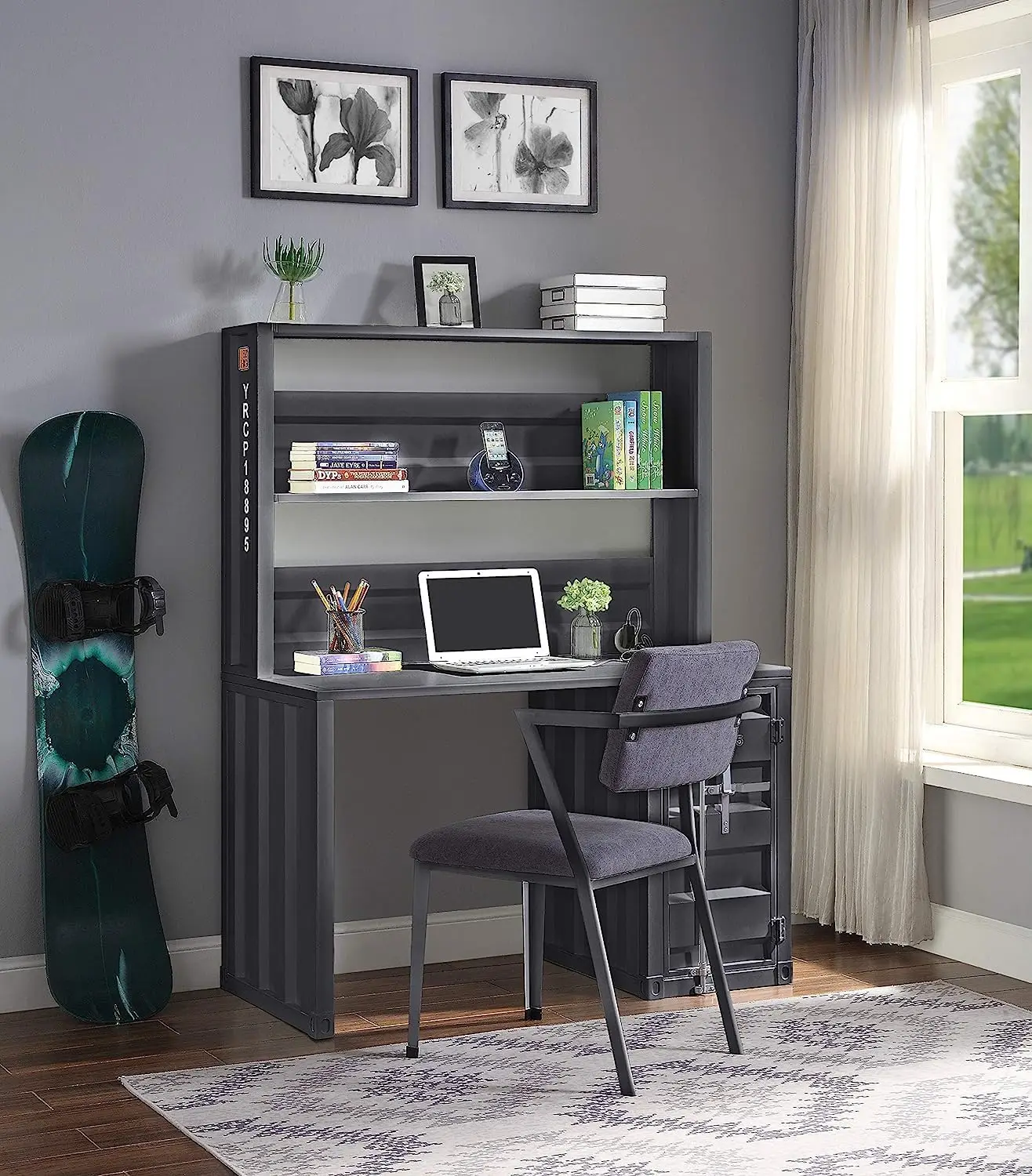 Cargo Metal Frame Desk And Hutch With Storage Base In Gunmetal