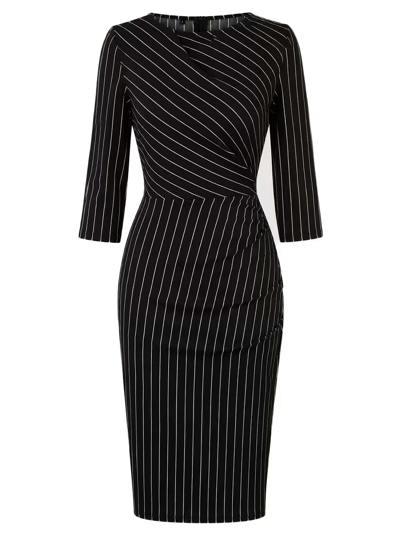 Elegantes Damenkleid mit Rundhalsausschnitt, 3/4-Ärmeln, Gerafftem Design, Schwarz Diagonal Gestreift, Figurbetont, Business-Casual Bleistift-Midikleid – Detail 3