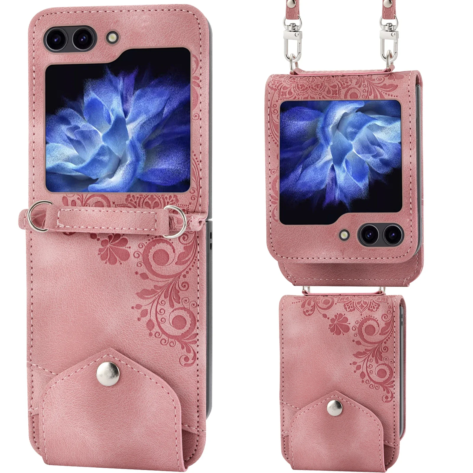 Umhängetasche Lanyard Wallet Cards Solt Flower Emboss Ledertasche für Samsung Galaxy Z Flip 7 6 5 4 Flip5 Flip4 5G Cover Bag Fundas
