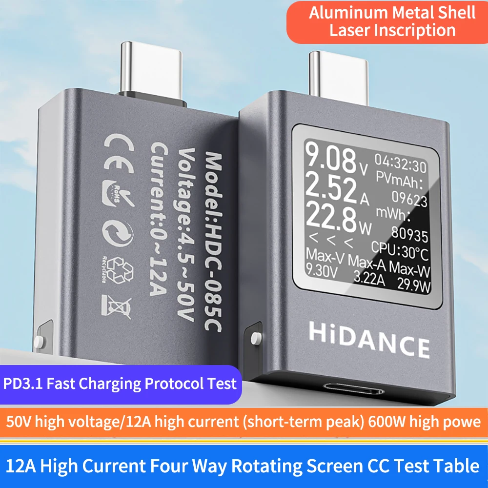 13 in 1 DC 4.5-50V 0-12A Multi-function Digital Display DC Voltage Ammeter Power Meter Type-c Cell Phone Charging PD3.1 Tester