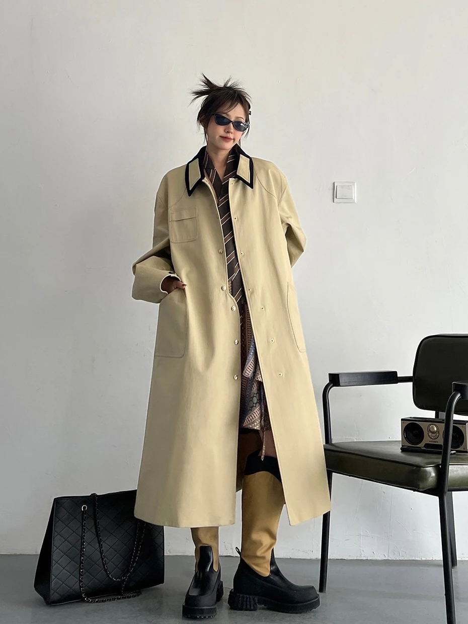 SuperAen primavera y otoño 2025 nuevo diseño largo gabardina caqui asimétrica para mujeres abrigos de gran tamaño de estilo coreano