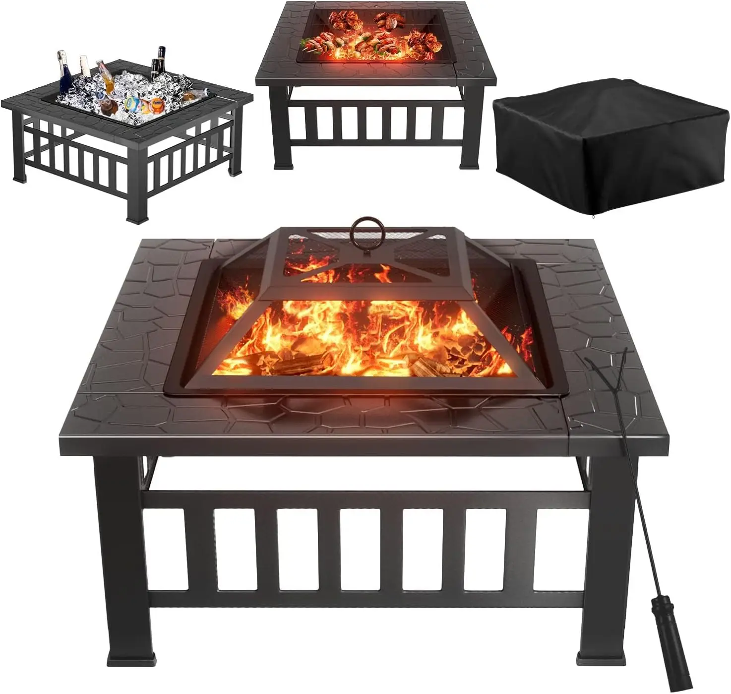 

Multifunctional Patio Fire Pit Table, 32in Square Metal BBQ Firepit Stove Backyard Garden Fireplace with Spark Screen Lid and