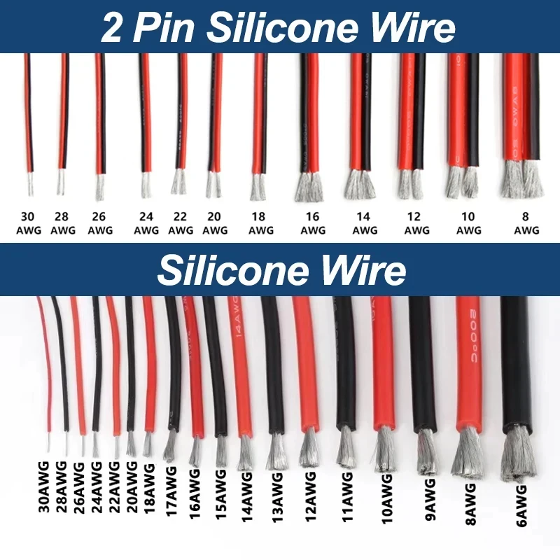 5m Soft Silicone Wire 2Pins Black Red 30 28 26 24 22 20 18 16 15 14 12 10 8AWG Solar Panel Car Battery Flexible Electric Cable
