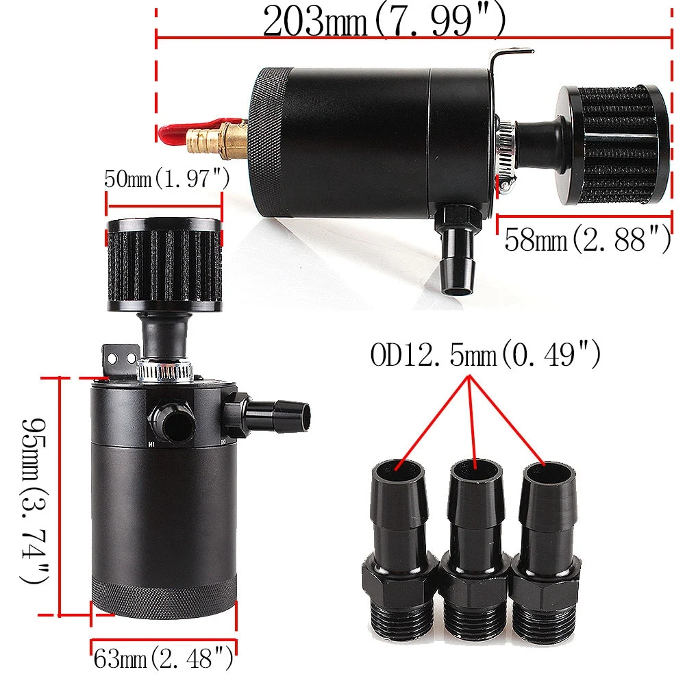 Oil Catch Can 2-Port Tank Reservoir with Drain Valve Breather Baffled Universal