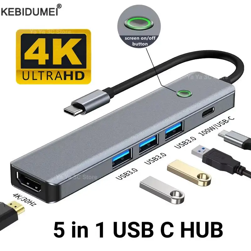 5 in 1 Type C To 4K HDMI Hub PD100W Fast Charge USB 3.0 Dock Station With Screen-on/Off Button For Macbook Notebook Computer